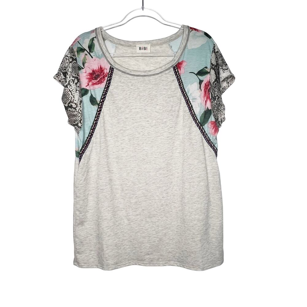 BIBI Floral Snakeskin Sleeve Tunic T-Shirt Scoop Neck Colorblock Grey Size Large